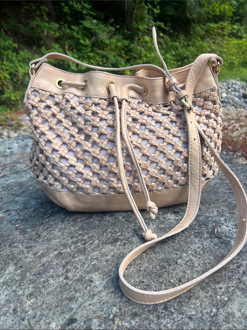 Marta Ponti Woven Leather Drawstring Handbag